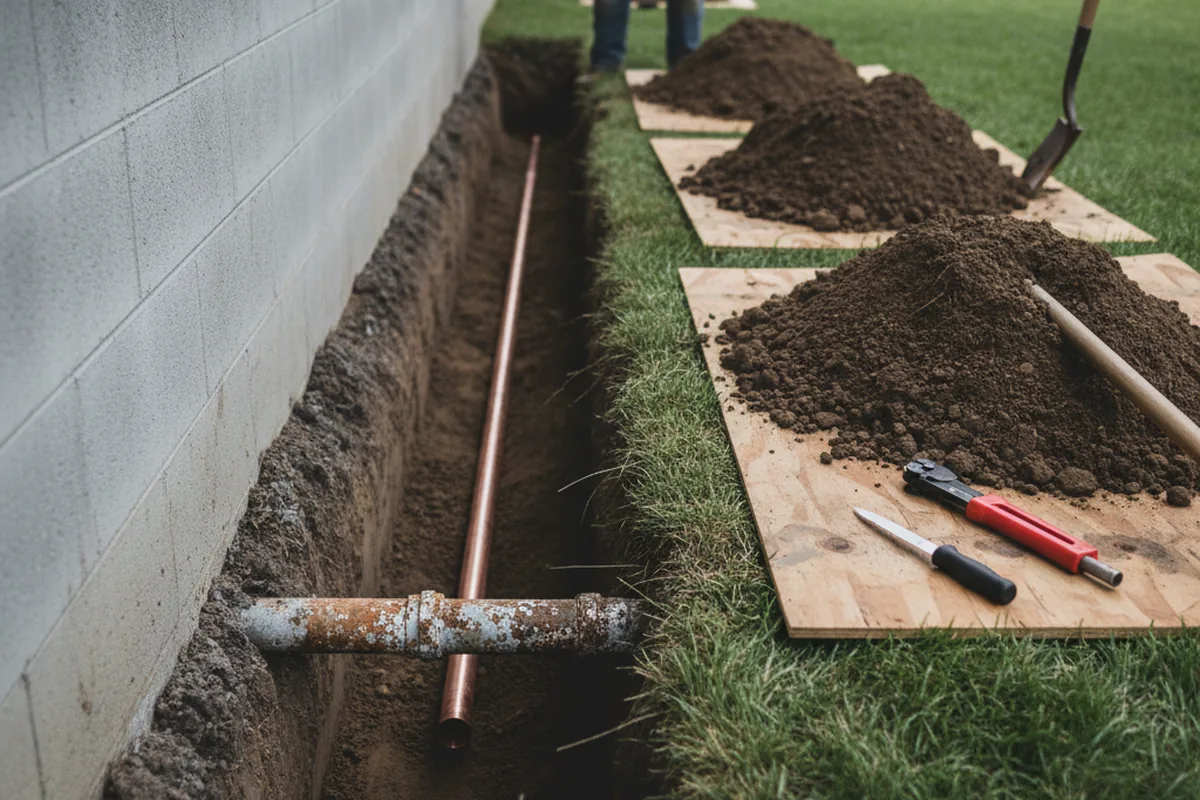 Excavated water line trench during Water Heater Repair in Tonica